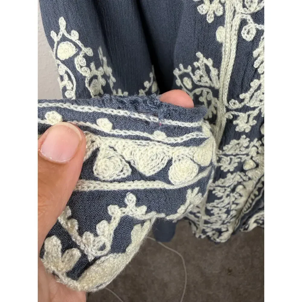 Embroidered Navy Open-Front Women's Swim Coverup Kimono - Picture 9 of 10